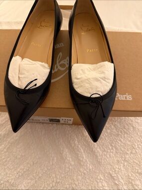 Christian Louboutin Black Pointed Leather Ballet Flats with Bow Detail